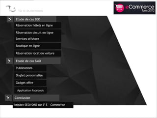 >   Etude de cas SEO
    Réservation hôtels en ligne

    Réservation circuit en ligne

    Services offshore

    Boutique en ligne

    Réservation location voiture

>    Etude de cas SMO

    Publications

    Onglet personnalisé

    Gadget offre

     Application Facebook

>   Conclusion

    Impact SEO/SMO sur l’ E - Commerce
 