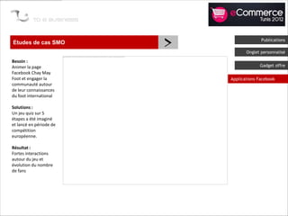 Etudes de cas SMO
                         >                 Publications

                                    Onglet personnalisé

Besoin :
Animer la page                            Gadget offre
Facebook Chay May
Foot et engager la           Applications Facebook
communauté autour
de leur connaissances
du foot international

Solutions :
Un jeu quiz sur 5
étapes a été imaginé
et lancé en période de
compétition
européenne.

Résultat :
Fortes interactions
autour du jeu et
évolution du nombre
de fans
 