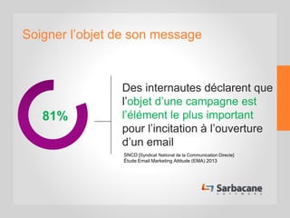 Soigner l’objet de son message
81%
Des internautes déclarent que
l’objet d’une campagne est
l’élément le plus important
pour l’incitation à l’ouverture
d’un email
SNCD [Syndicat National de la Communication Directe]
Étude Email Marketing Attitude (EMA) 2013
 