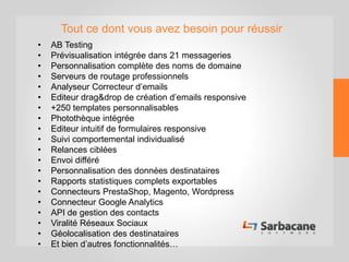 Tout ce dont vous avez besoin pour réussir
• AB Testing
• Prévisualisation intégrée dans 21 messageries
• Personnalisation complète des noms de domaine
• Serveurs de routage professionnels
• Analyseur Correcteur d’emails
• Editeur drag&drop de création d’emails responsive
• +250 templates personnalisables
• Photothèque intégrée
• Editeur intuitif de formulaires responsive
• Suivi comportemental individualisé
• Relances ciblées
• Envoi différé
• Personnalisation des données destinataires
• Rapports statistiques complets exportables
• Connecteurs PrestaShop, Magento, Wordpress
• Connecteur Google Analytics
• API de gestion des contacts
• Viralité Réseaux Sociaux
• Géolocalisation des destinataires
• Et bien d’autres fonctionnalités…
 