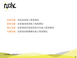 諾利嘉股份有限公司
10
直接流量：訪客直接進⼊電商網站
搜尋流量：訪客藉由搜尋進⼊電商網站
轉址流量：訪客透過社群或其他平台進⼊電商網站
付費流量：訪客經由點擊廣告進⼊電商網站
 