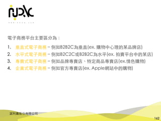 諾利嘉股份有限公司
162
電⼦商務平台主要區分為：
1. 垂直式電⼦商務 – 例如B2B2C為垂直(ex. 購物中⼼理的某品牌店)
2. ⽔平式電⼦商務 – 例如B2C2C或B2B2C為⽔平(ex. 拍賣平台中的某店)
3. 專賣式電⼦商務 – 例如品牌專賣店、特定商品專賣店(ex.情⾊購物)
4. 企業式電⼦商務 – 例如官⽅專賣店(ex. Apple網站中的購物)
 