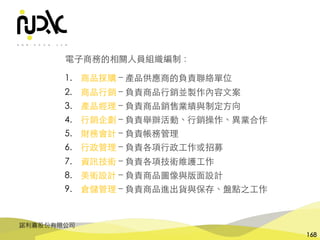 諾利嘉股份有限公司
168
電⼦商務的相關⼈員組織編制：
1. 商品採購 – 產品供應商的負責聯絡單位
2. 商品⾏銷 – 負責商品⾏銷並製作內容⽂案
3. 產品經理 – 負責商品銷售業績與制定⽅向
4. ⾏銷企劃 – 負責舉辦活動、⾏銷操作、異業合作
5. 財務會計 – 負責帳務管理
6. ⾏政管理 – 負責各項⾏政⼯作或招募
7. 資訊技術 – 負責各項技術維護⼯作
8. 美術設計 – 負責商品圖像與版⾯設計
9. 倉儲管理 – 負責商品進出貨與保存、盤點之⼯作
 