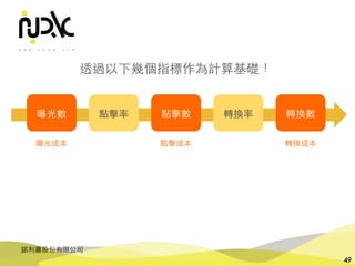 諾利嘉股份有限公司
49
透過以下幾個指標作為計算基礎！
曝光數 點擊率 點擊數 轉換率 轉換數
曝光成本 點擊成本 轉換成本
 