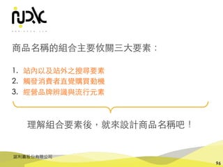 諾利嘉股份有限公司
96
商品名稱的組合主要攸關三⼤要素：
1. 站內以及站外之搜尋要素
2. 觸發消費者直覺購買動機
3. 經營品牌辨識與流⾏元素
理解組合要素後，就來設計商品名稱吧！
 