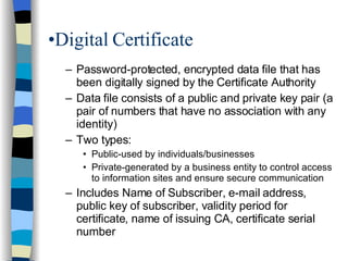 Digital Certificate Password-protected, encrypted data file that has been digitally signed by the Certificate Authority Data file consists of a public and private key pair (a pair of numbers that have no association with any identity) Two types:  Public-used by individuals/businesses Private-generated by a business entity to control access to information sites and ensure secure communication Includes Name of Subscriber, e-mail address, public key of subscriber, validity period for certificate, name of issuing CA, certificate serial number 