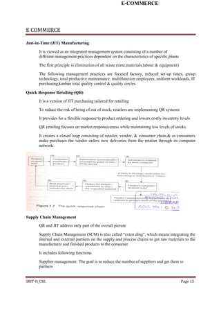 E-COMMERCE
E COMMERCE
Just-in-Time (JIT) Manufacturing
It is viewed as an integrated management system consisting of a number of
different management practices dependent on the characteristics of specific plants
The first principle is elimination of all waste (time,materials,labour & equipment)
The following management practices are focused factory, reduced set-up times, group
technology, total productive maintenance, multifunction employees, uniform workloads, IT
purchasing,kanban total quality control & quality circles
Quick Response Retailing (QR)
It is a version of JIT purchasing tailored for retailing
To reduce the risk of being of out of stock, retailers are implementing QR systems
It provides for a flexible response to product ordering and lowers costly inventory levels
QR retailing focuses on market responsiveness while maintaining low levels of stocks
It creates a closed loop consisting of retailer, vendor, & consumer chain,& as consumers
make purchases the vendor orders new deliveries from the retailer through its computer
network
Supply Chain Management
QR and JIT address only part of the overall picture
Supply Chain Management (SCM) is also called “exten ding”, which means integrating the
internal and external partners on the supply and process chains to get raw materials to the
manufacturer and finished products to the consumer
It includes following functions
Supplier management: The goal is to reduce the number of suppliers and get them to
partners
SRIT-II_CSE Page 15
 