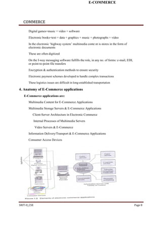 E-COMMERCE
COMMERCE
Digital games=music + video + software
Electronic books=text + data + graphics + music + photographs + video
In the electronic ‘highway system’ multimedia conte nt is stores in the form of
electronic documents
These are often digitized
On the I-way messaging software fulfills the role, in any no. of forms: e-mail, EDI,
or point-to-point file transfers
Encryption & authentication methods to ensure security
Electronic payment schemes developed to handle complex transactions
These logistics issues are difficult in long-established transportation
4. Anatomy of E-Commerce applications
E-Commerce applications are:
Multimedia Content for E-Commerce Applications
Multimedia Storage Servers & E-Commerce Applications
Client-Server Architecture in Electronic Commerce
Internal Processes of Multimedia Servers
Video Servers & E-Commerce
Information Delivery/Transport & E-Commerce Applications
Consumer Access Devices
SRIT-II_CSE Page 8
 