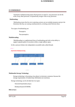 E-COMMERCE
E COMMERCE
Symmetric multiprocessing treats all processors as equal I.e. any processor can do the
work of any other processor. It dynamically assigns work to any processor.
Multitasking:
Multitasking means that the server operating systems can run multiple programs and give the
illustration that they are running simultaneously by switching control between them.
Two types of multitasking are:
Preemptive
Non preemptive
Multithreading:
Multithreading is a sophisticated form of multitasking and refer to the ability to
support separate paths of execution within a single address space.
In this a process broken into independent executable tasks called threads
Lecture 1
Asymmetric Multiprocessing
Print
services
Database
n/w
Communicati
reuest
Disk ip/op File system service
on services
s
processor1 processor2 processor3 processor4
E-COMMERCE 12
Multimedia Storage Technology
Storage technology is becoming a key player in electronic commerce because the
storage requirements of modern-day information are enormous.
Storage technology can be divided into two types:
Network-based (disk arrays)
Desktop-based (CD-ROM)
Disk arrays:
SRIT-II_CSE Page 82
 