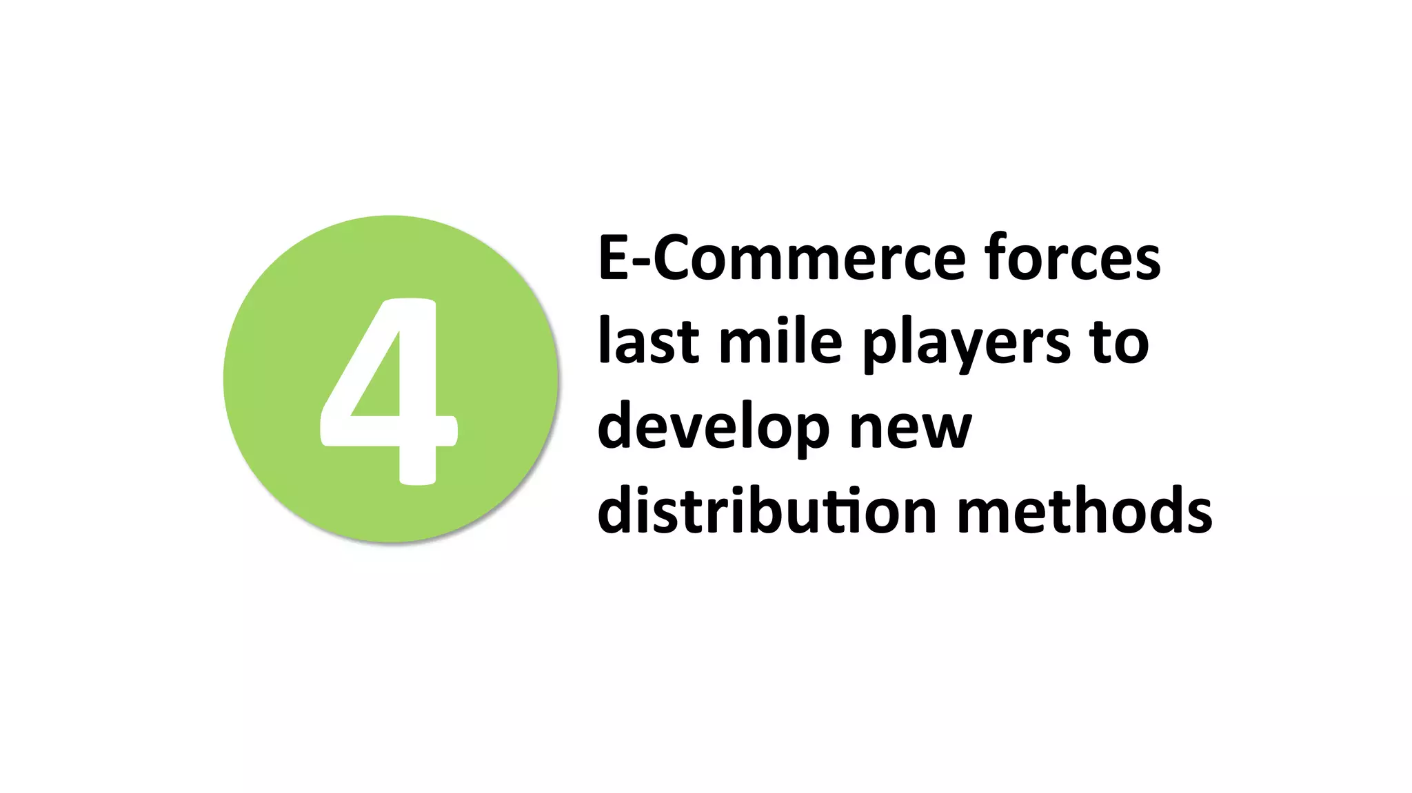 4	
  
E-­‐Commerce	
  forces	
  
last	
  mile	
  players	
  to	
  	
  
develop	
  new	
  
distribu>on	
  methods	
  
 