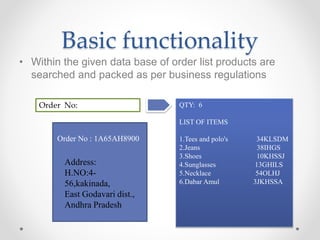 Basic functionality
• Within the given data base of order list products are
searched and packed as per business regulations
Order No:
Order No : 1A65AH8900
Address:
H.NO:4-
56,kakinada,
East Godavari dist.,
Andhra Pradesh
QTY: 6
LIST OF ITEMS
1.Tees and polo's 34KLSDM
2.Jeans 38IHGS
3.Shoes 10KHSSJ
4.Sunglasses 13GHILS
5.Necklace 54OLHJ
6.Dabar Amul 3JKHSSA
 