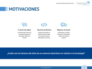 www.sugerendo.com
MOTIVACIONES
5
eCommerce Benchmark Spain 2016 |
¿Cuáles son los factores del éxito de un comercio electr...