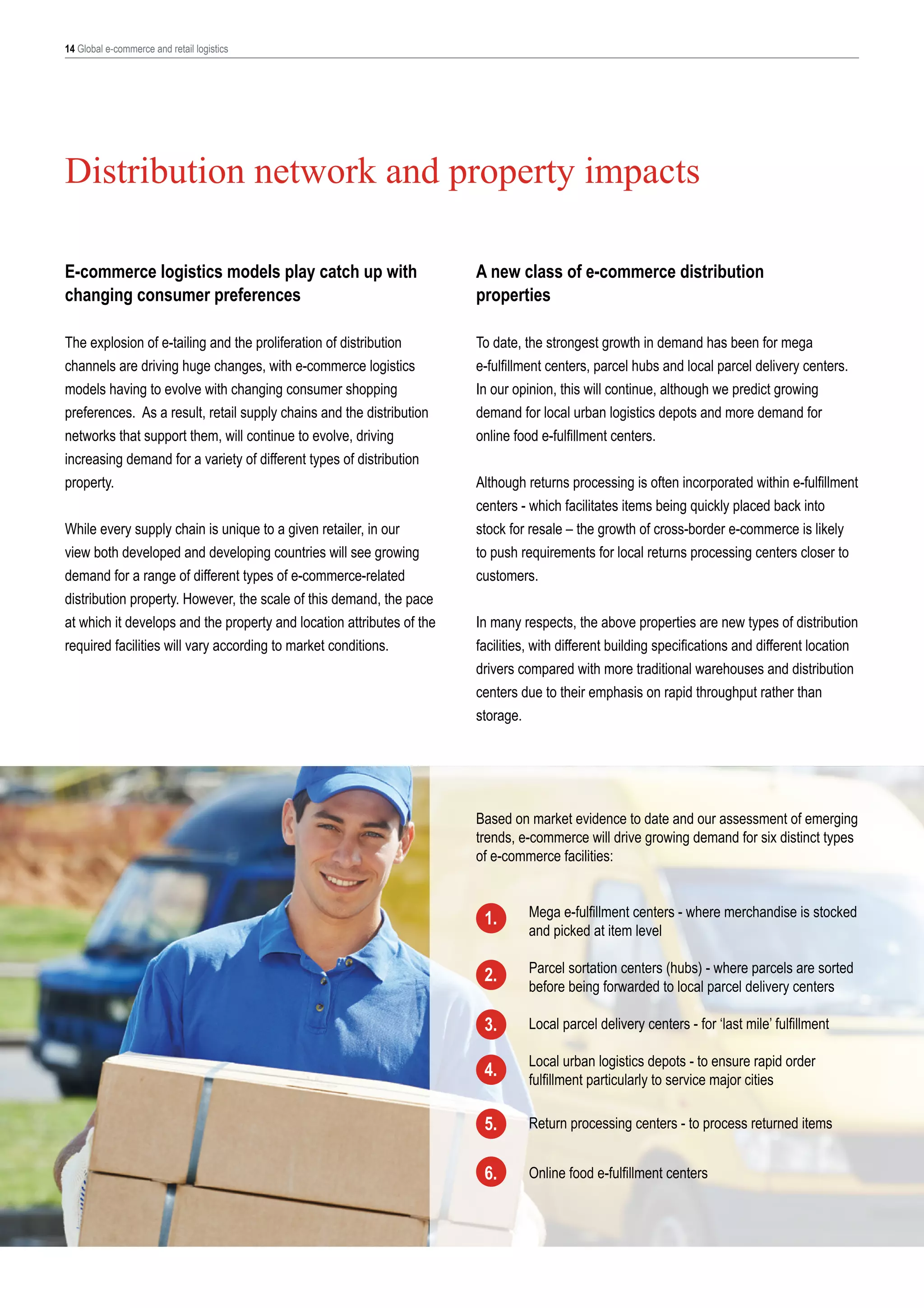 14 Global e-commerce and retail logistics

Distribution network and property impacts
E-commerce logistics models play catch up with
changing consumer preferences

A new class of e-commerce distribution
properties

The explosion of e-tailing and the proliferation of distribution
channels are driving huge changes, with e-commerce logistics
models having to evolve with changing consumer shopping
preferences. As a result, retail supply chains and the distribution
networks that support them, will continue to evolve, driving
increasing demand for a variety of different types of distribution
property.

To date, the strongest growth in demand has been for mega
e-fulfillment centers, parcel hubs and local parcel delivery centers.
In our opinion, this will continue, although we predict growing
demand for local urban logistics depots and more demand for
online food e-fulfillment centers.

While every supply chain is unique to a given retailer, in our
view both developed and developing countries will see growing
demand for a range of different types of e-commerce-related
distribution property. However, the scale of this demand, the pace
at which it develops and the property and location attributes of the
required facilities will vary according to market conditions.

Although returns processing is often incorporated within e-fulfillment
centers - which facilitates items being quickly placed back into
stock for resale – the growth of cross-border e-commerce is likely
to push requirements for local returns processing centers closer to
customers.
In many respects, the above properties are new types of distribution
facilities, with different building specifications and different location
drivers compared with more traditional warehouses and distribution
centers due to their emphasis on rapid throughput rather than
storage.

Based on market evidence to date and our assessment of emerging
trends, e-commerce will drive growing demand for six distinct types
of e-commerce facilities:

1.

Mega e-fulfillment centers - where merchandise is stocked
and picked at item level

2.

Parcel sortation centers (hubs) - where parcels are sorted
before being forwarded to local parcel delivery centers

3.

Local parcel delivery centers - for ‘last mile’ fulfillment

4.

Local urban logistics depots - to ensure rapid order
fulfillment particularly to service major cities

5.

Return processing centers - to process returned items

6.

Online food e-fulfillment centers

 