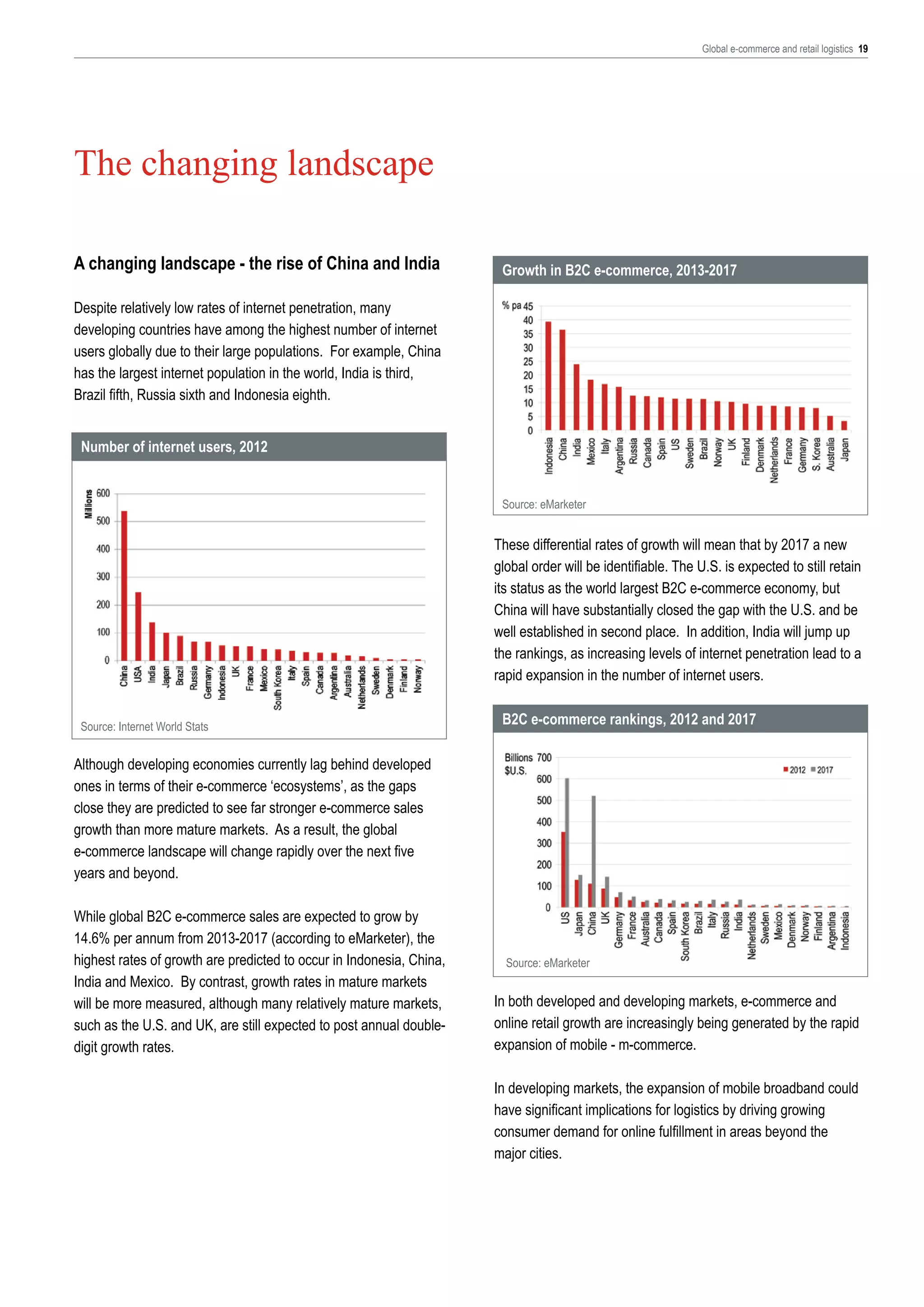 Global e-commerce and retail logistics 19

The changing landscape
A changing landscape - the rise of China and India

Growth in B2C e-commerce, 2013-2017

Despite relatively low rates of internet penetration, many
developing countries have among the highest number of internet
users globally due to their large populations. For example, China
has the largest internet population in the world, India is third,
Brazil fifth, Russia sixth and Indonesia eighth.
Number of internet users, 2012
Source: eMarketer

These differential rates of growth will mean that by 2017 a new
global order will be identifiable. The U.S. is expected to still retain
its status as the world largest B2C e-commerce economy, but
China will have substantially closed the gap with the U.S. and be
well established in second place. In addition, India will jump up
the rankings, as increasing levels of internet penetration lead to a
rapid expansion in the number of internet users.
Source: Internet World Stats

B2C e-commerce rankings, 2012 and 2017

Although developing economies currently lag behind developed
ones in terms of their e-commerce ‘ecosystems’, as the gaps
close they are predicted to see far stronger e-commerce sales
growth than more mature markets. As a result, the global
e-commerce landscape will change rapidly over the next five
years and beyond.
While global B2C e-commerce sales are expected to grow by
14.6% per annum from 2013-2017 (according to eMarketer), the
highest rates of growth are predicted to occur in Indonesia, China,
India and Mexico. By contrast, growth rates in mature markets
will be more measured, although many relatively mature markets,
such as the U.S. and UK, are still expected to post annual doubledigit growth rates.

Source: eMarketer

In both developed and developing markets, e-commerce and
online retail growth are increasingly being generated by the rapid
expansion of mobile - m-commerce.
In developing markets, the expansion of mobile broadband could
have significant implications for logistics by driving growing
consumer demand for online fulfillment in areas beyond the
major cities.

 