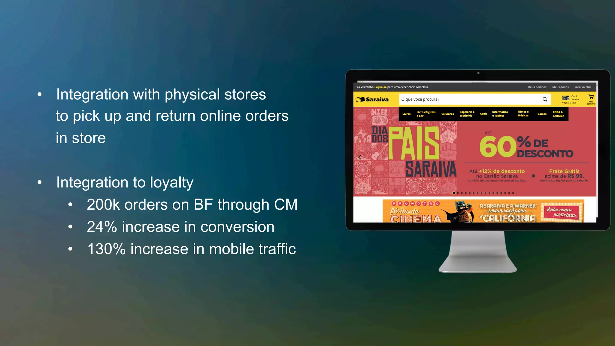 •  Integration with physical stores
to pick up and return online orders
in store
•  Integration to loyalty
•  200k orders on BF through CM
•  24% increase in conversion
•  130% increase in mobile traffic
 