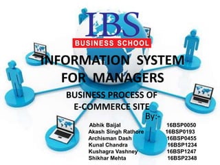 INFORMATION SYSTEM
FOR MANAGERS
BUSINESS PROCESS OF
E-COMMERCE SITE
By:-
Abhik Baijal 16BSP0050
Akash Singh Rathore 16BSP0193
Archisman Dash 16BSP0455
Kunal Chandra 16BSP1234
Kushagra Vashney 16BSP1247
Shikhar Mehta 16BSP2348
 