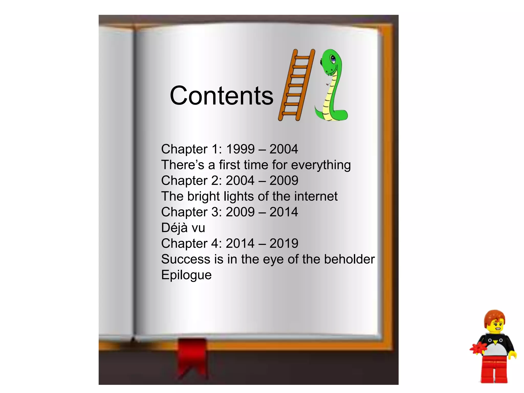 Chapter 1: 1999 – 2004
There’s a first time for everything
Chapter 2: 2004 – 2009
The bright lights of the internet
Chapter 3: 2009 – 2014
Déjà vu
Chapter 4: 2014 – 2019
Success is in the eye of the beholder
Epilogue
Contents
 