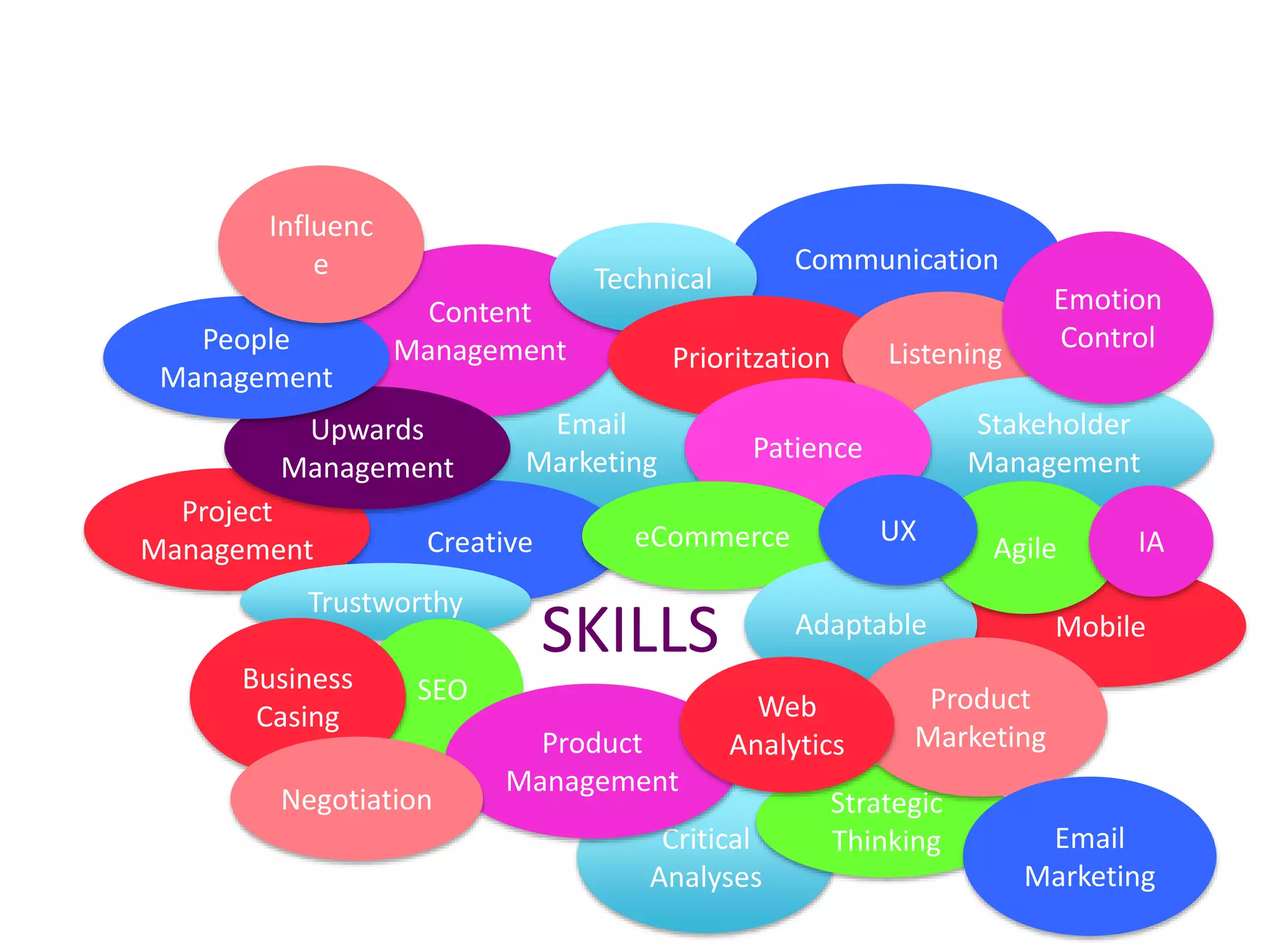Email
Marketing
Content
Management
Creative
Project
Management
Communication
Technical
SKILLS
Trustworthy
Upwards
Management
Prioritzation
People
Management
Listening
Stakeholder
ManagementPatience
eCommerce
Emotion
Control
MobileAdaptable
Agile IA
Critical
Analyses
SEO
Strategic
Thinking
Influenc
e
Product
MarketingProduct
Management
Web
Analytics
Business
Casing
Negotiation
UX
Email
Marketing
 