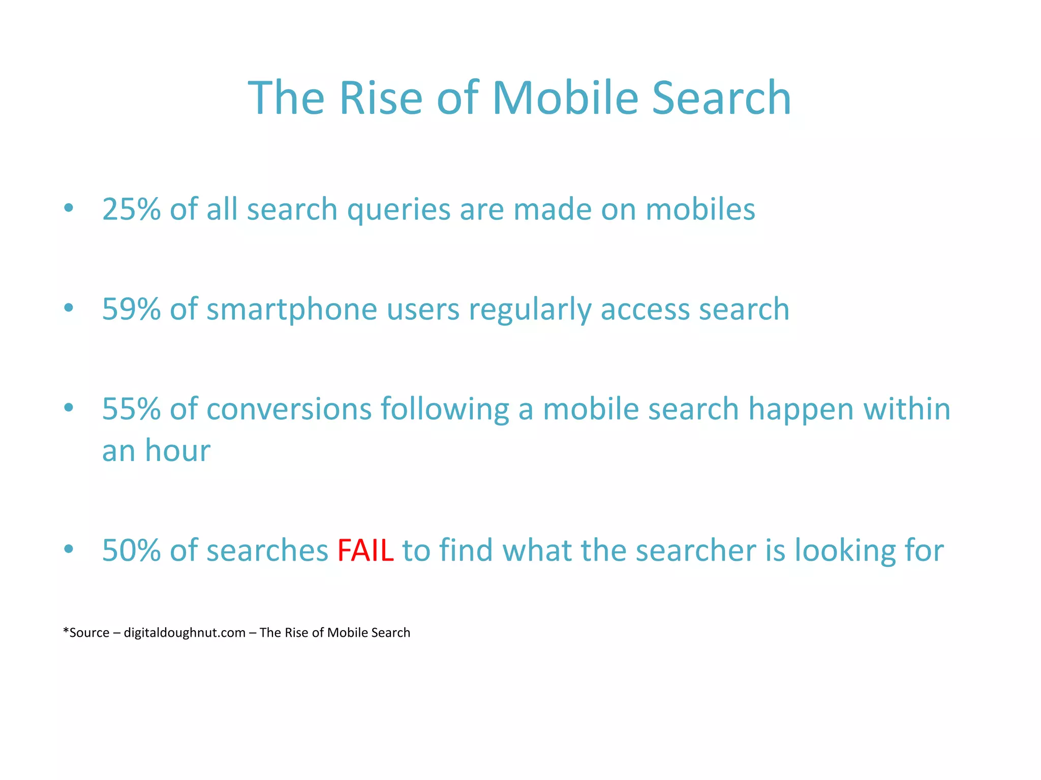 The Rise of Mobile Search
• 25% of all search queries are made on mobiles
• 59% of smartphone users regularly access search
• 55% of conversions following a mobile search happen within
an hour
• 50% of searches FAIL to find what the searcher is looking for
*Source – digitaldoughnut.com – The Rise of Mobile Search
 