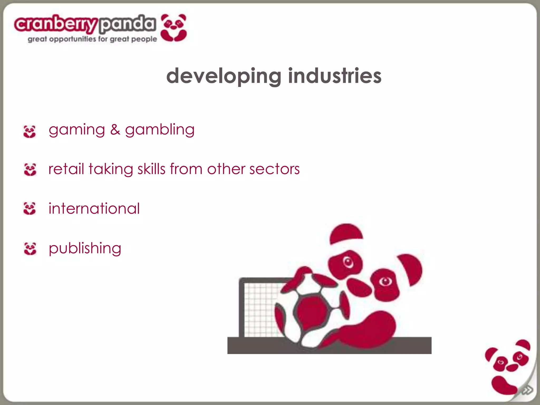 developing industries
gaming & gambling
retail taking skills from other sectors
international
publishing
 