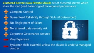 Clustered Servers (aka Private Cloud)


     Complete Control
     Guaranteed Reliability through SLAs (if outsourced)
     No Single point of failure
     No external data security risk
     Corporate Governance Assured
     Very Expensive
     Sysadmin skills essential unless the cluster is under a managed
     contract
 