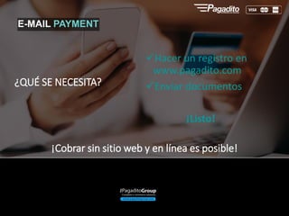 ¿QUÉ SE NECESITA?
Hacer un registro en
www.pagadito.com
Enviar documentos
¡Listo!
¡Cobrar sin sitio web y en línea es posible!
E-MAIL PAYMENT
 