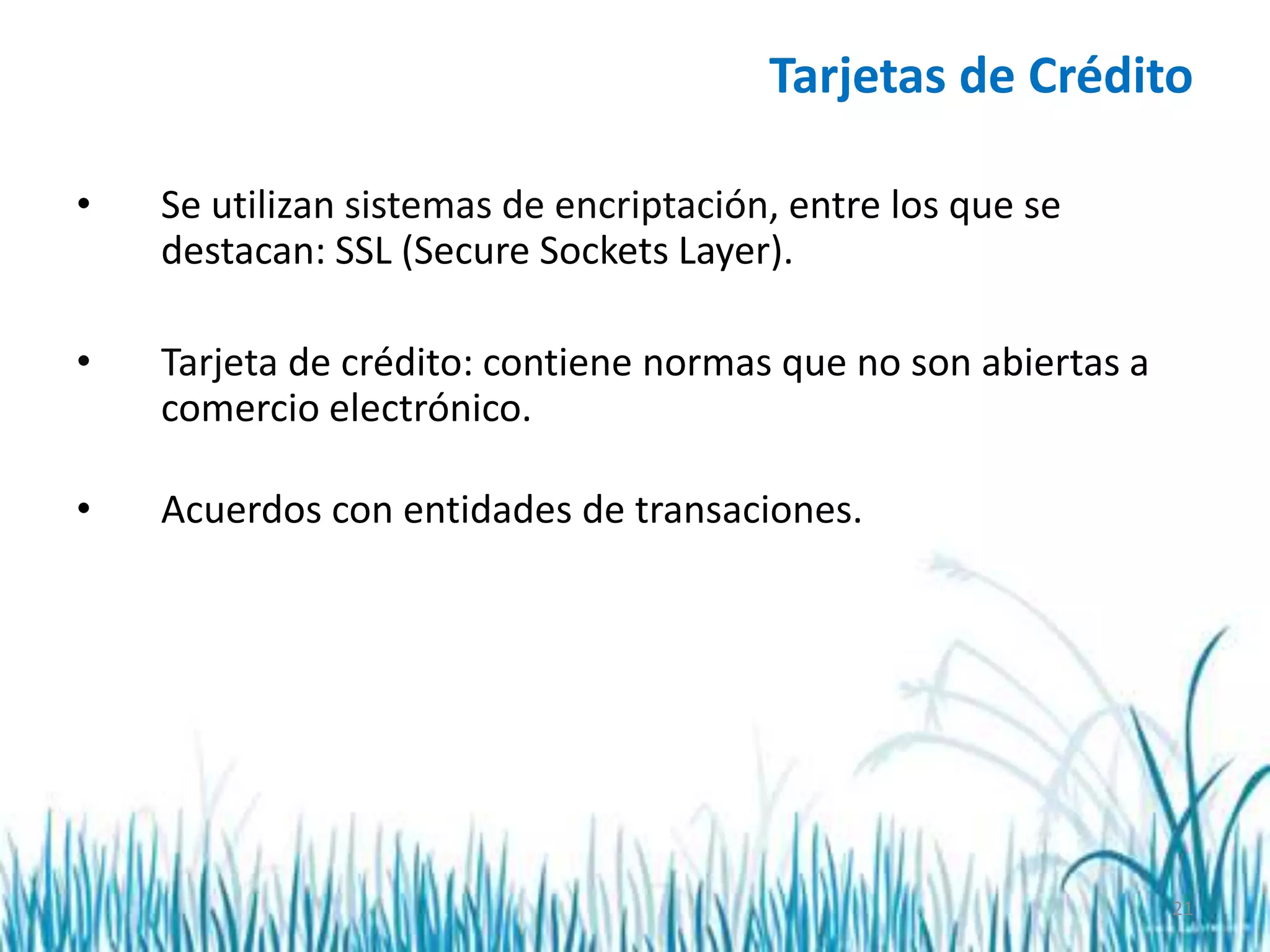 21
Tarjetas de Crédito
• Se utilizan sistemas de encriptación, entre los que se
destacan: SSL (Secure Sockets Layer).
• Tarjeta de crédito: contiene normas que no son abiertas a
comercio electrónico.
• Acuerdos con entidades de transaciones.
 