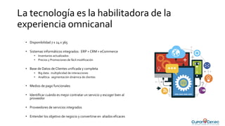 La tecnología es la habilitadora de la
experiencia omnicanal
• Disponibilidad 7 x 24 x 365
• Sistemas informáticos integrados: ERP + CRM + eCommerce
• Inventarios actualizados
• Precios y Promociones de fácil modificación
• Base de Datos de Clientes unificada y completa
• Big data: multiplicidad de interacciones
• Analítica: segmentación dinámica de clientes
• Medios de pago funcionales
• Identificar cuándo es mejor contratar un servicio y escoger bien al
proveedor
• Proveedores de servicios integrados
• Entender los objetivo de negocio y convertirse en aliados eficaces
 