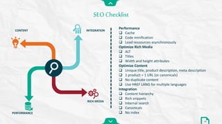 Performance
 Cache
 Code minification
 Load ressources asynchronously
Optimize Rich Media
 ALT
 Titles
 Width and height attributes
Optimize Content
 Unique title, product description, meta description
 1 product = 1 URL (or canonicals)
 No duplicate content
 Use HREF LANG for multiple languages
Integration
 Content hierarchy
 Rich snippets
 Internal search
 Canonicals
 No index
SEO Checklist
38
CONTENT INTEGRATION
RICH MEDIA
PERFORMANCE
 