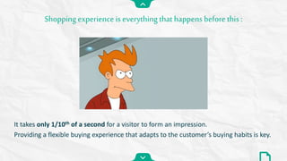 Shopping experience is everything that happens before this :
It takes only 1/10th of a second for a visitor to form an impression.
Providing a flexible buying experience that adapts to the customer’s buying habits is key.
 