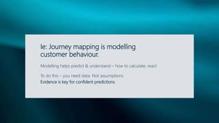 Ie: Journey mapping is modelling
customer behaviour.
Modelling helps predict & understand – how to calculate, react
To do this – you need data. Not assumptions.
Evidence is key for confident predictions
 