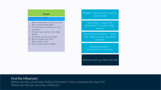 Aware
I should look at M&S.
1. What shops/sites should I look at?
2. Who recommends M&S?
3. Do they have a website you can
through?
4. Do any have stores on the high
street?
5. Are there any stores nearby?
6. Which retailers do I like?
7. Who would I trust?
8. Why should I look at M&S?
People – friends, family, experts,
social media
Marketing – magazines,
billboards, TV, emails, blogs,
experts
Physical/environments –stores,
high street, homes, wearables,
hospitals
Policies/legislation –
governments, insurance,
Find the influencers
Where are they proactively finding information? How connected are they? IoT
Where are the sub conscious influences?
Machine learning, follow the trail
 