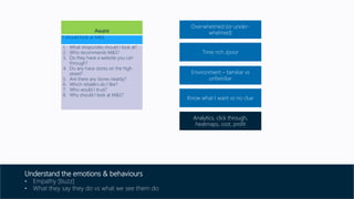 Aware
I should look at M&S.
1. What shops/sites should I look at?
2. Who recommends M&S?
3. Do they have a website you can
through?
4. Do any have stores on the high
street?
5. Are there any stores nearby?
6. Which retailers do I like?
7. Who would I trust?
8. Why should I look at M&S?
Overwhelmed (or under-
whelmed)
Time rich /poor
Environment – familiar vs
unfamiliar
Know what I want vs no clue
Understand the emotions & behaviours
• Empathy [buzz]
• What they say they do vs what we see them do
Analytics, click through,
heatmaps, cost, profit
 