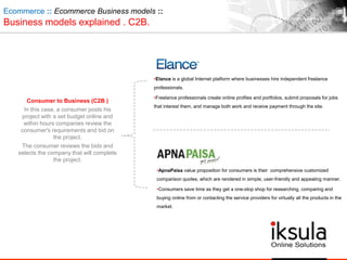 Consumer to Business (C2B )
In this case, a consumer posts his
project with a set budget online and
within hours companies review the
consumer's requirements and bid on
the project.
The consumer reviews the bids and
selects the company that will complete
the project.
Ecommerce :: Ecommerce Business models ::
Business models explained . C2B.
•Elance is a global Internet platform where businesses hire independent freelance
professionals.
•Freelance professionals create online profiles and portfolios, submit proposals for jobs
that interest them, and manage both work and receive payment through the site.
•ApnaPaisa value proposition for consumers is their comprehensive customized
comparison quotes, which are rendered in simple, user-friendly and appealing manner.
•Consumers save time as they get a one-stop shop for researching, comparing and
buying online from or contacting the service providers for virtually all the products in the
market.
 