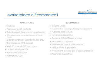 Marketplace o Ecommerce?
MARKETPLACE
Visibilità
Piattaforma già esistente
Pubblico definito e spesso targetizzato
 Attivazione quasi immediata/soluzione chiavi in
mano
Gestione (fatture, spedizione, resi etc.)
Commissione (15% media)
Varietà di prodotti/concorrenza
Limitazioni sui prodotti
Sponsorizzazioni/Adv
Assistenza 24/24
ECOMMERCE
Visibilità unica
 Investimento in tecnologia/Totale personalizzazione
Pubblico da costruire
Tempi di realizzazione
Gestione totale/Risorse umane
Nessuna commissione
Store unico, nessun concorrente
Nessun limite di prodotto
Investimenti e risorse per le sponsorizzazioni
Assistenza da definire
 