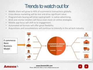 www.AmeexUSA.com
Phone: (804) 920 1956| e-mail: info@ameexusa.com
• Mobile share will grow to 40% of ecommerce transactions globally.
• Cross device marketing will be real and drive significant value.
• Programmatic buying will drive rapid growth in native advertising.
• Brick and mortar retailers will focus even more on online strategies.
• Mobile app focus will shift to re engagement.
• Automated ad formats will offer great flexibility.
• Acquisitions and consolidations will continue to intensify in the ad tech industry.
Trendstowatchoutfor
E commerce
Basic
Business
Modeless
Model
 
