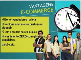 VANTAGENS E-COMMERCE Não ter vendedores na loja  Funciona com menor custo (sem aluguel) É  24h e não tem horário de pico Investimento ZERO com gôndolas, prateleiras,  balcão,etc.  