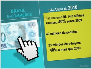 BALANÇO de  2010 Faturamento  R$ 14,8 bilhões. Cresceu  40%  sobre 2009  40 milhões de pedidos 23 milhões de e-buyers  -  40%  a mais que 2009 Fonte: e-Bit  2011 BRASIL   E-COMMERCE   
