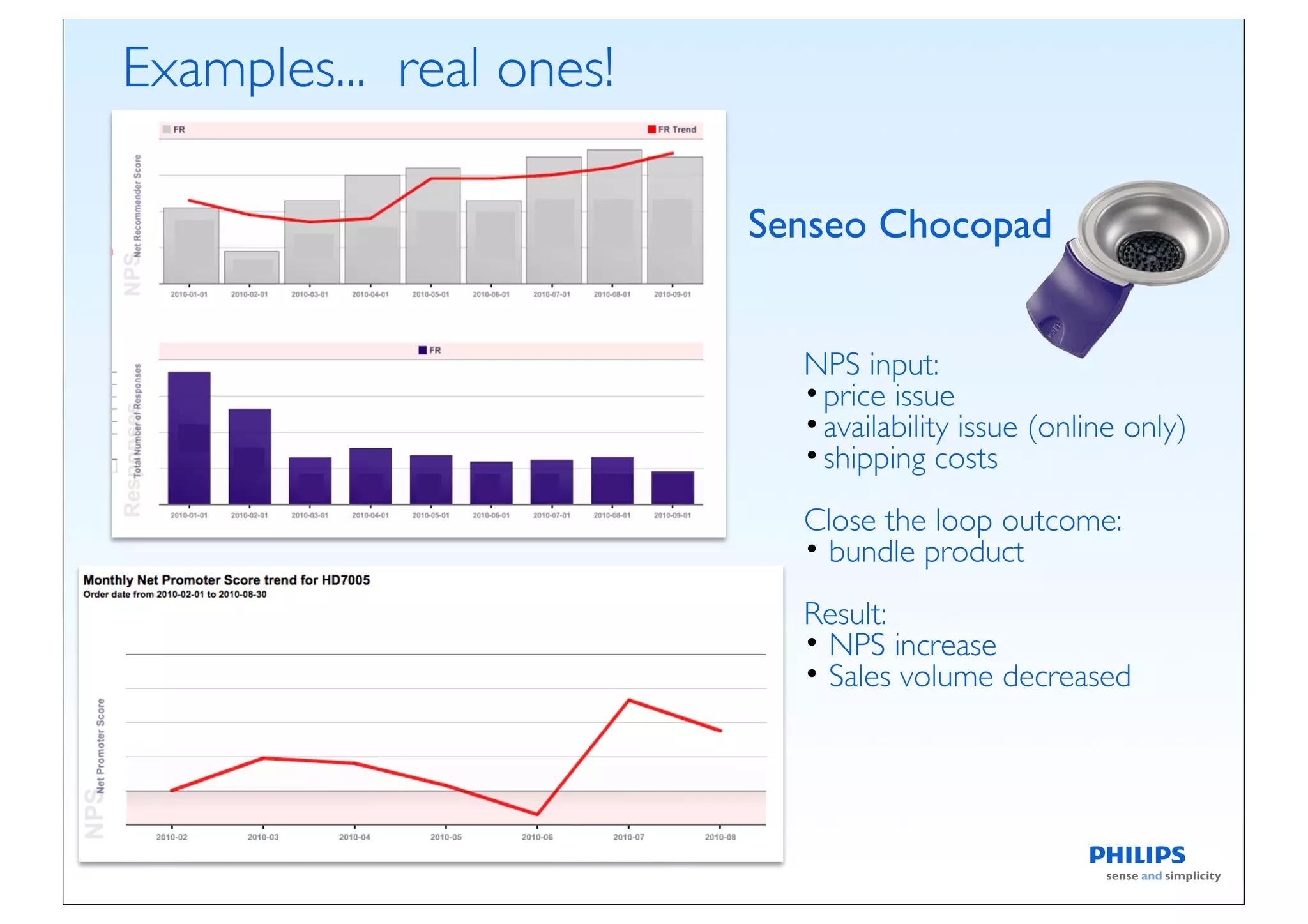 Examples... real ones!

                         Senseo Chocopad


                           NPS input:
                           • price issue
                           • availability issue (online only)
                           • shipping costs
                           Close the loop outcome:
                           • bundle product
                           Result:
                           • NPS increase
                           • Sales volume decreased
 