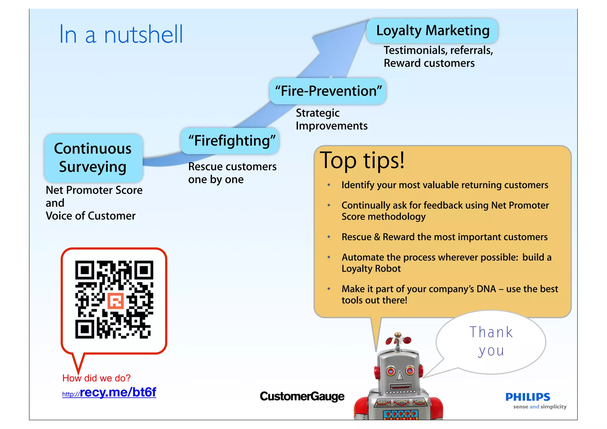 Loyalty Marketing
  In a nutshell                                              Testimonials, referrals,
                                                             Reward customers

                                       “Fire-Prevention”
                                           Strategic
                                           Improvements
                        “Firefighting”
 Continuous
  Surveying             Rescue customers       Top tips!
                        one by one              •   Identify your most valuable returning customers
Net Promoter Score
and                                             •   Continually ask for feedback using Net Promoter
Voice of Customer                                   Score methodology
                                                •   Rescue & Reward the most important customers

                                                •   Automate the process wherever possible: build a
                                                    Loyalty Robot
                                                •   Make it part of your company’s DNA – use the best
                                                    tools out there!


                                                                                Thank
                                                                                 you
   How did we do?
         recy.me/bt6f
   http://
 