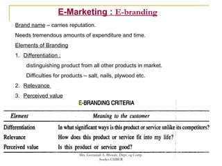 E-Marketing : E-branding
Brand name – carries reputation.
Needs tremendous amounts of expenditure and time.
Elements of Branding
1. Differentiation :
distinguishing product from all other products in market.
Difficulties for products – salt, nails, plywood etc.
2. Relevance
3. Perceived value
Mrs. Geetanjali A. Bhosale. Dept. og Comp.
Studies CSIBER
 