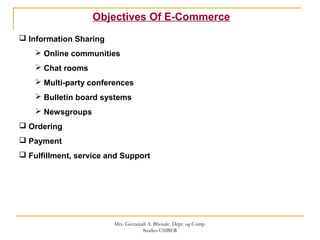 Objectives Of E-Commerce
 Information Sharing
 Online communities
 Chat rooms
 Multi-party conferences
 Bulletin board systems
 Newsgroups
 Ordering
 Payment
 Fulfillment, service and Support
Mrs. Geetanjali A. Bhosale. Dept. og Comp.
Studies CSIBER
 