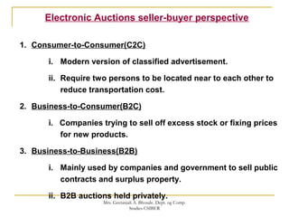 Electronic Auctions seller-buyer perspective
1. Consumer-to-Consumer(C2C)
i. Modern version of classified advertisement.
ii. Require two persons to be located near to each other to
reduce transportation cost.
2. Business-to-Consumer(B2C)
i. Companies trying to sell off excess stock or fixing prices
for new products.
3. Business-to-Business(B2B)
i. Mainly used by companies and government to sell public
contracts and surplus property.
ii. B2B auctions held privately.
Mrs. Geetanjali A. Bhosale. Dept. og Comp.
Studies CSIBER
 
