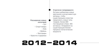 2012-2014
Стратегия гипермаркета
Активно добавляем новые
вертикали в ассортиментную
матрицу, чтобы
существующим клиентам
предложить новые типы
товаров. Более 800
поставщиков в базе. 300
активных. Опираемся на
существующие бизнес-
процессы логистические
мощности
Расширение новых
категорий
– DIY
– Спорттовары
– Kids
– Мебель
– Зоотовары
– Красота и здоровье
 