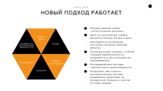 48
НОВЫЙ ПОДХОД РАБОТАЕТ
К Е Й С Е 9 6
С Т О И М О С Т Ь /
РАС ПИ СА НИ Е
МАРШРУ ТОВ
Н О В Ы Й
Д Е Н Ь
П Р А Й С
РАС ПР ОД АЖ А
Н А Ц Е Н К А
РЕЙТИНГ
П О С Т А В ЩИ К А
К а ж д у ю н е д е л ю н о в ы е
« л о г и с т и ч е с к и е р е г и о н ы »
Ц е н а н а п о п у л я р н ы е т о в а р ы
м е н я е т с я б о л ь ш е 2 0 р а з в д е н ь
м а к с и м а л ь н о а к т у а л ь н о е
с о с т о я н и е в и т р и н ы ( м е н ь ш е
м и н у т ы )
С л о ж н ы е а к ц и и ( с к и д к и с у ч ё т о м
т е к у щ е й м а р ж и н а л ь н о с т и ,
у х о д и м о с т и и ц е н к о н к у р е н т о в
о д н о в р е м е н н о )
Р а с п р е д е л ё н н а я с и с т е м а ,
г о р и з о н т а л ь н о м а с ш т а б и р у е т с я
П о з в о л я е т н а м с т р о и т ь
а в т о м а т и ч е с к у ю с и с т е м у
у п р а в л е н и я н а ц е н к а м и н а
к о н к р е т н у ю п о з и ц и ю с у ч е т о м
и с т о р и и п р о д а ж
 
