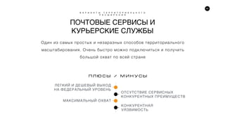 54
ПОЧТОВЫЕ СЕРВИСЫ И
КУРЬЕРСКИЕ СЛУЖБЫ
Один из самых простых и незаразных способов территориального
масштабирования. Очень быстро можно подключиться и получить
большой охват по всей стране
В А Р И А Н Т Ы Т Е Р Р И Т О Р И А Л Ь Н О Г О
Р А С Ш И Р Е Н И Я
ЛЕГКИЙ И ДЕШЕВЫЙ ВЫХОД
НА ФЕДЕРАЛЬНЫЙ УРОВЕНЬ
МАКСИМАЛЬНЫЙ ОХВАТ
ОТСУТСТВИЕ СЕРВИСНЫХ
КОНКУРЕНТНЫХ ПРЕИМУЩЕСТВ
КОНКУРЕНТНАЯ
УЯЗВИМОСТЬ
ï ë þ ñ û / Ì È Í Ó Ñ Û
 