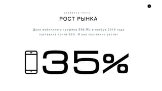 8
РОСТ РЫНКА
Д Р А Й В Е Р Ы Р О С Т А
Д о л я м о б и л ь н о г о т р а ф и к а E 9 6 . R U в н о я б р е 2 0 1 6 г о д а
с о с т а в и л а п о ч т и 3 5 % . И о н а п о с т о я н н о р а с т е т
35%
 