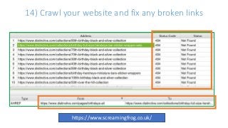 14) Crawl your website and fix any broken links
https://www.screamingfrog.co.uk/
 