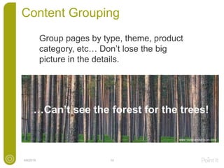 Content Grouping
4/6/2015 14
Group pages by type, theme, product
category, etc… Don’t lose the big
picture in the details.
 