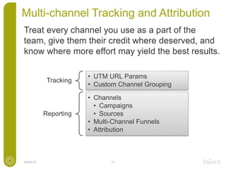 Multi-channel Tracking and Attribution
4/6/2015 17
Treat every channel you use as a part of the
team, give them their credit where deserved, and
know where more effort may yield the best results.
Tracking
• UTM URL Params
• Custom Channel Grouping
Reporting
• Channels
• Campaigns
• Sources
• Multi-Channel Funnels
• Attribution
 